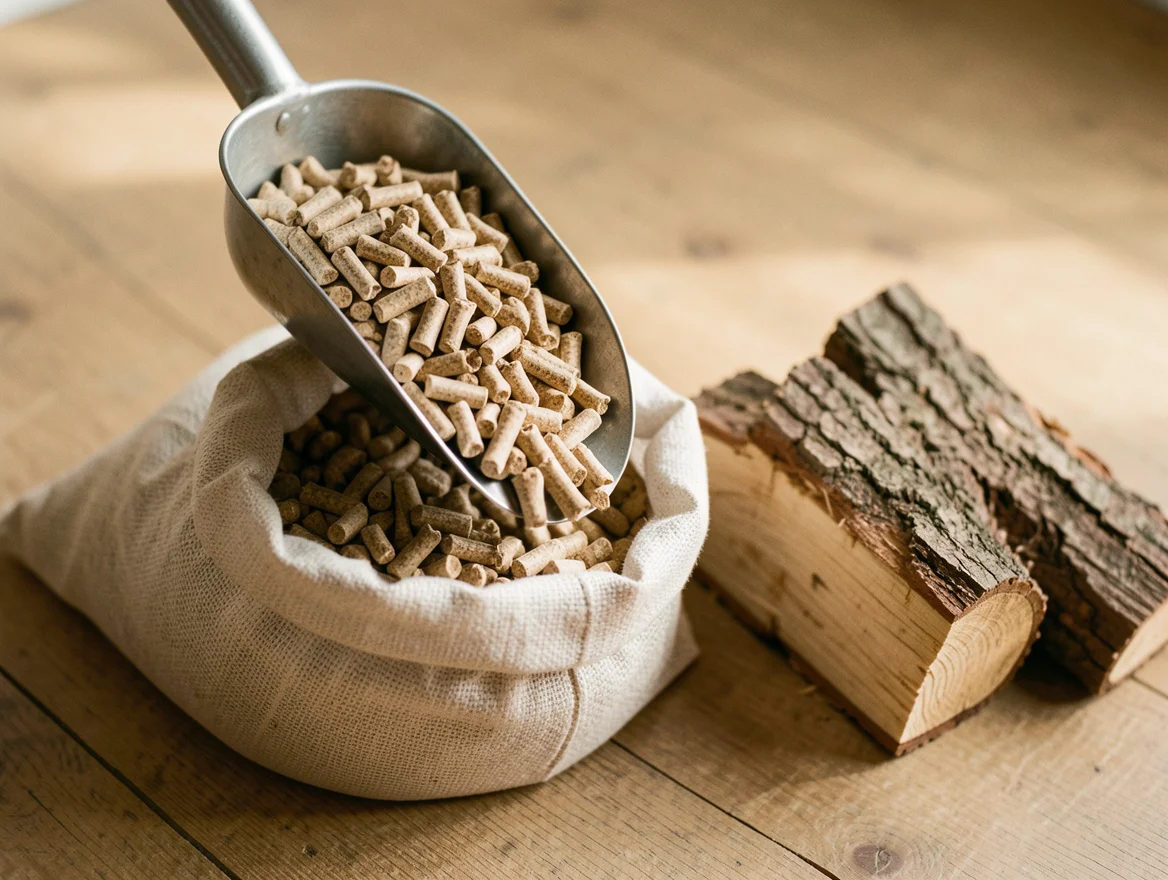 Pelle de granulés de bois au-dessus d'un sac, à côté de bûches de chêne sec
