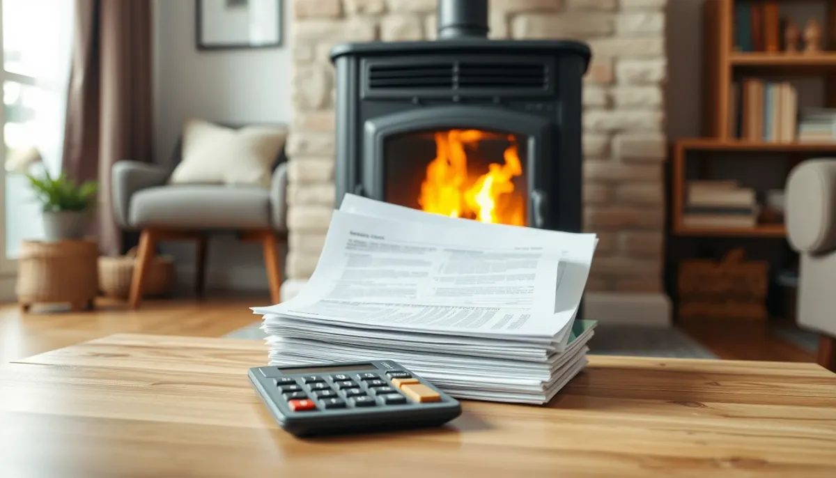 Documents et calculatrice devant un poêle à granulés pour estimer les aides financières