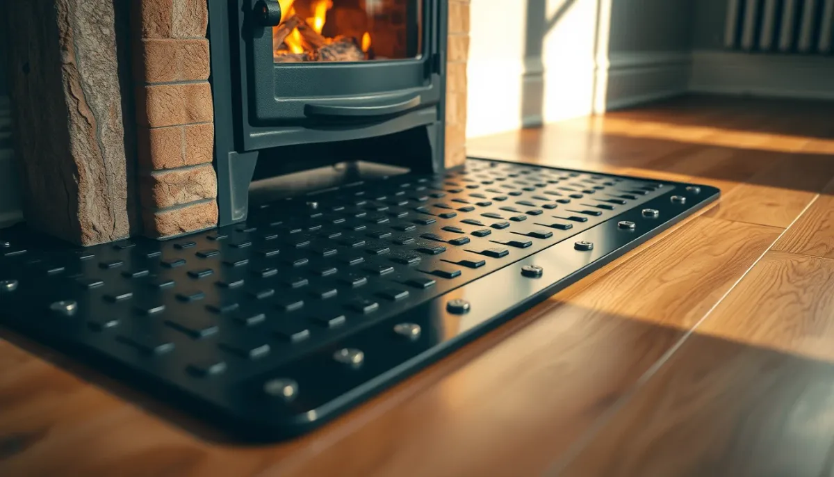 Plaque de sol ignifuge installée sous un poêle à bois sur parquet