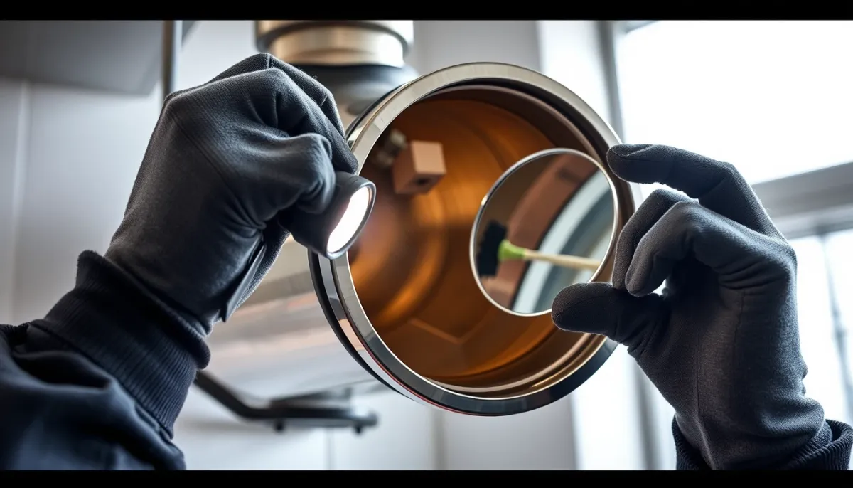 Inspection d'un conduit de cheminée inox avec une lampe torche, gros plan sur les mains gantées