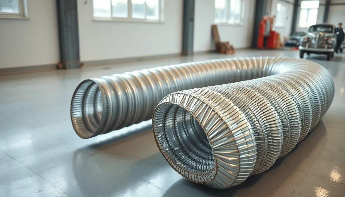 Tubage flexible inox déroulé sur un sol d'atelier