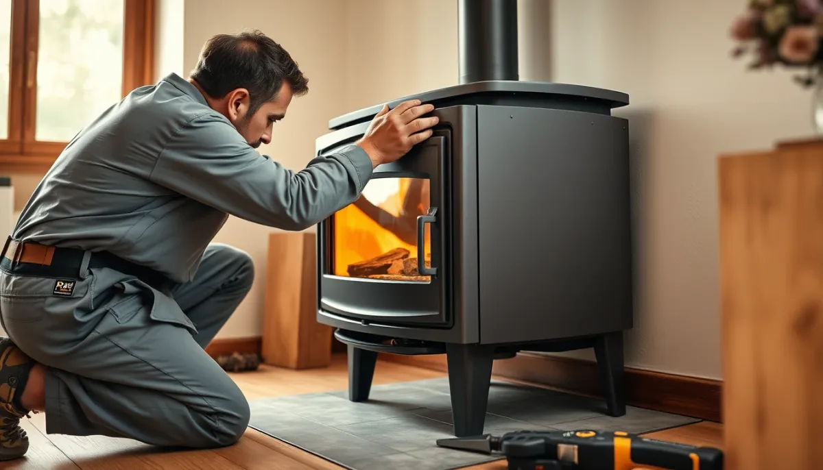 Installateur professionnel raccordant le conduit de fumée d'un poêle à granulés