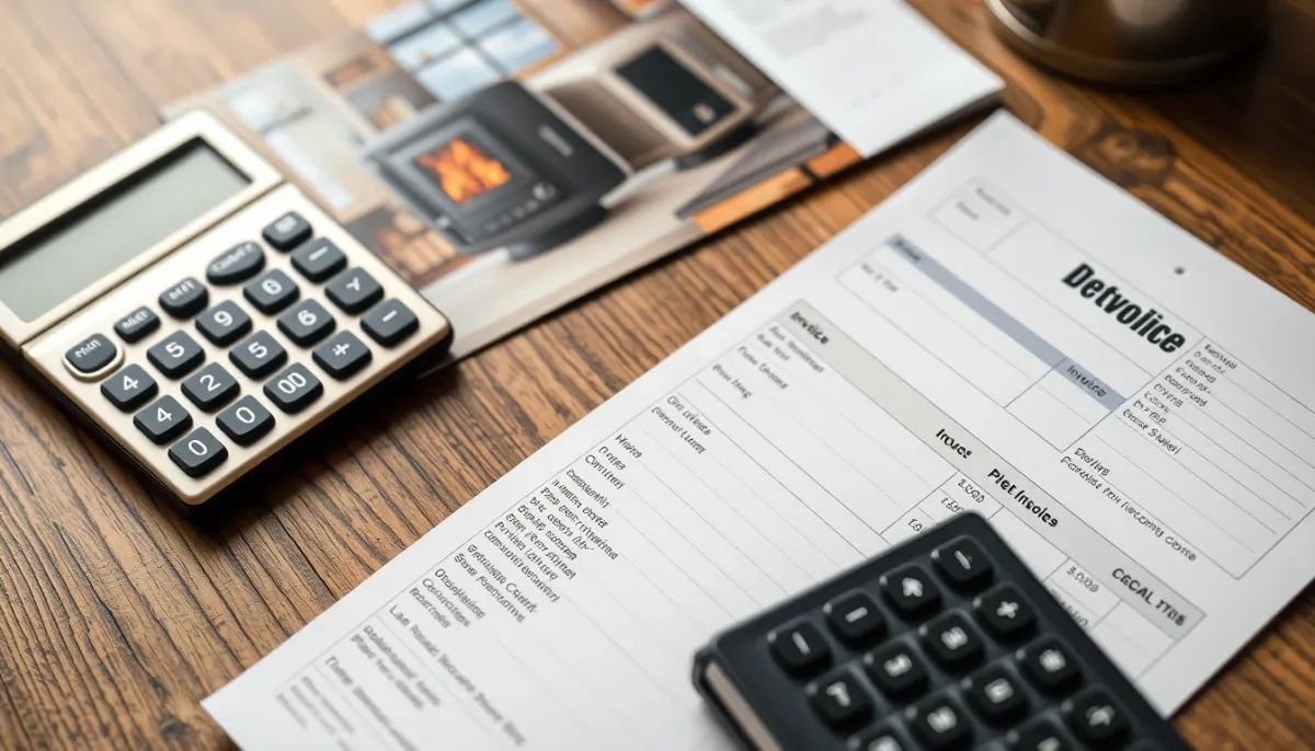 Devis et calculatrice sur un bureau pour estimer le coût d'installation d'un poêle à granulés