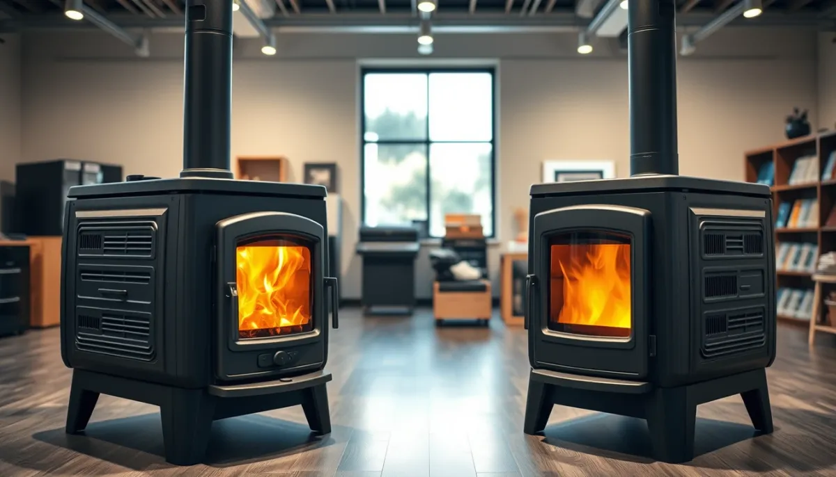 Comparaison entre un poêle à granulés à air et un poêle étanche en showroom