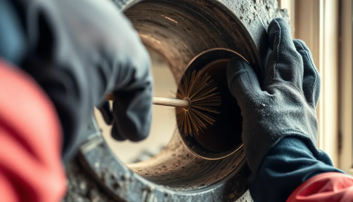 Ramonage d'un conduit de poêle à granulés avec un hérisson métallique, gros plan sur les mains gantées du professionnel