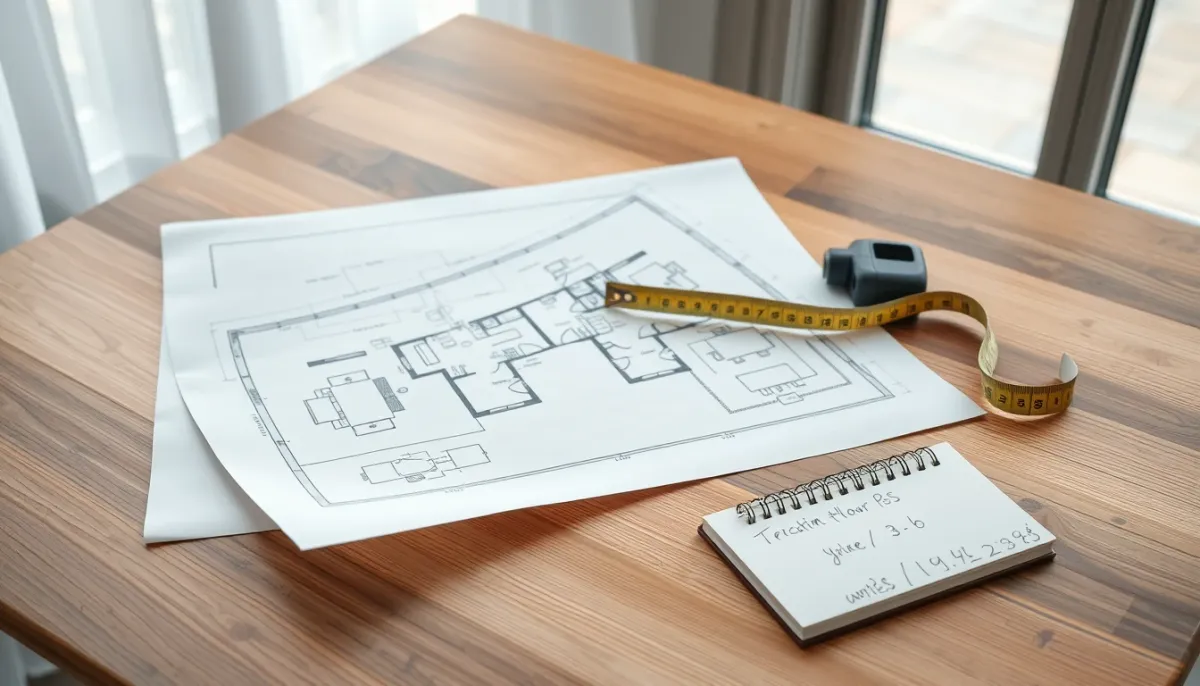 Plan de maison et mètre ruban sur une table en bois pour illustrer le calcul de surface et de volume à chauffer