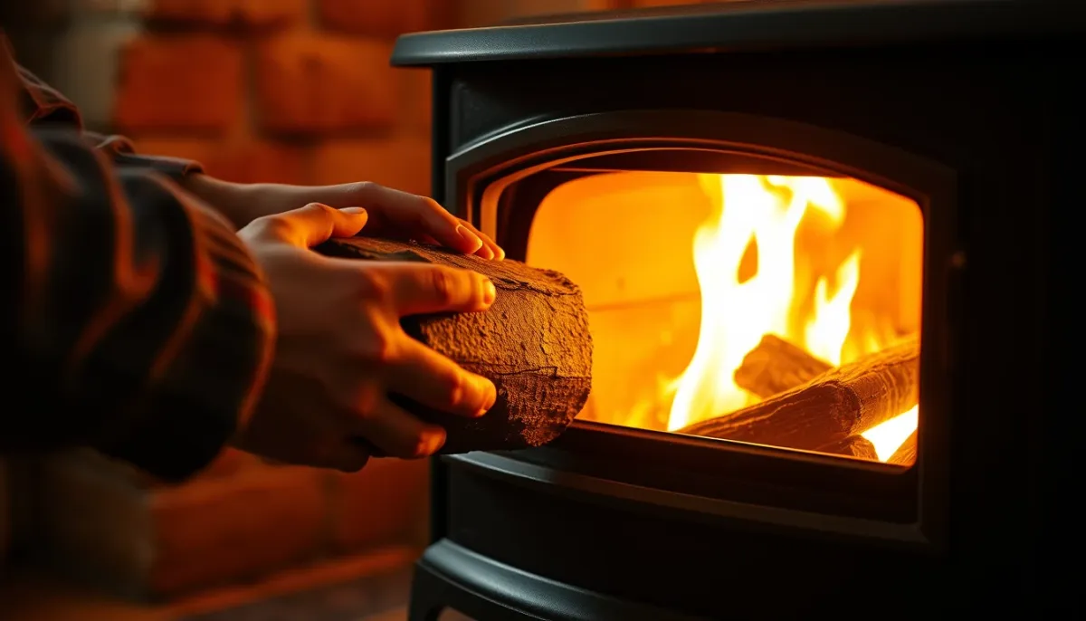Mains ajoutant une bûche dans un poêle à bois en fonctionnement, illustrant le confort quotidien d'un poêle bien dimensionné