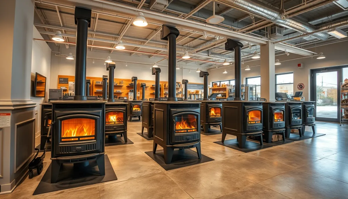 Showroom présentant plusieurs poêles à bois de puissances différentes pour comparer les prix posés