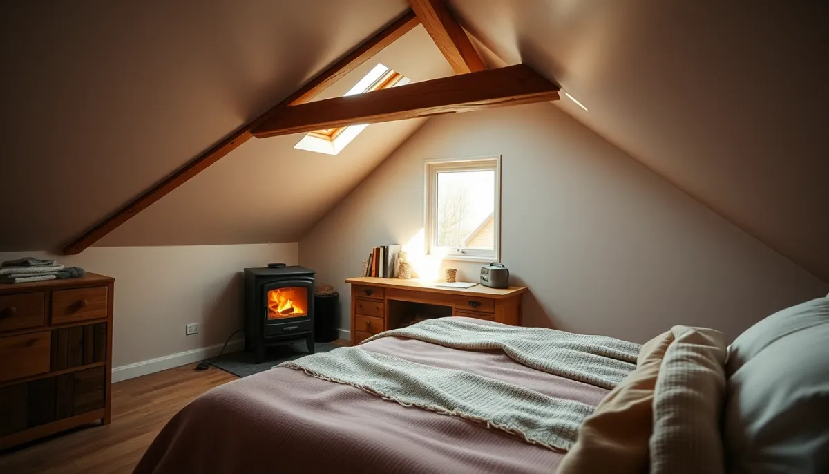 Petit poêle à bois compact installé dans une chambre sous les toits, adapté aux petites surfaces bien isolées