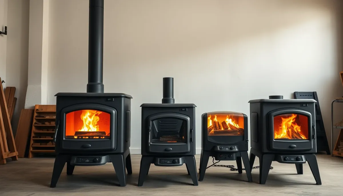 Trois poêles à bois de 5, 7 et 10 kW côte à côte pour comparer visuellement les puissances