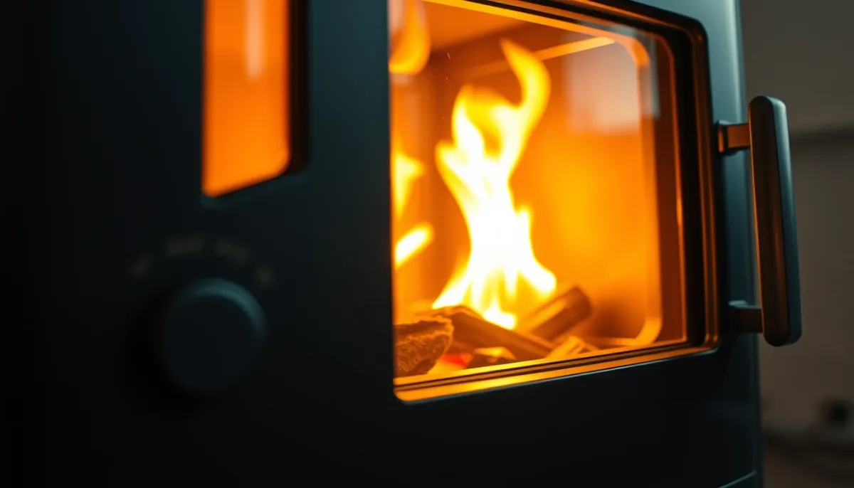 Gros plan sur le foyer d'un poêle à granulés avec flamme visible et panneau de commande