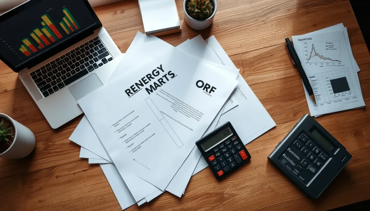 Documents de rénovation énergétique et calculatrice sur un bureau en bois