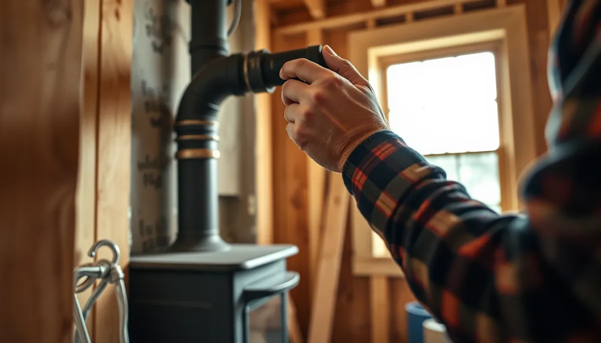Mains d'un artisan installant le conduit d'un poêle à bois lors d'une rénovation