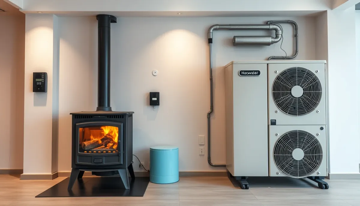 Comparatif visuel entre un poêle à bois et une pompe à chaleur en showroom