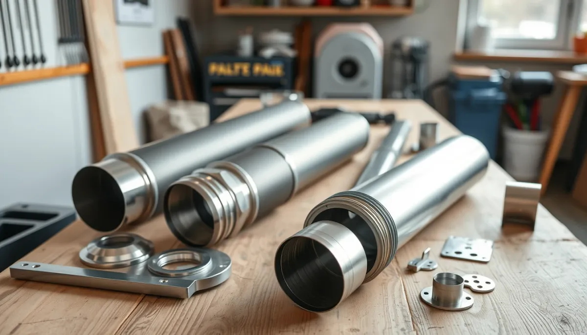 Composants d'un kit de tubage pour poêle à granulés : tuyaux inox de 80 mm, coudes et fixations