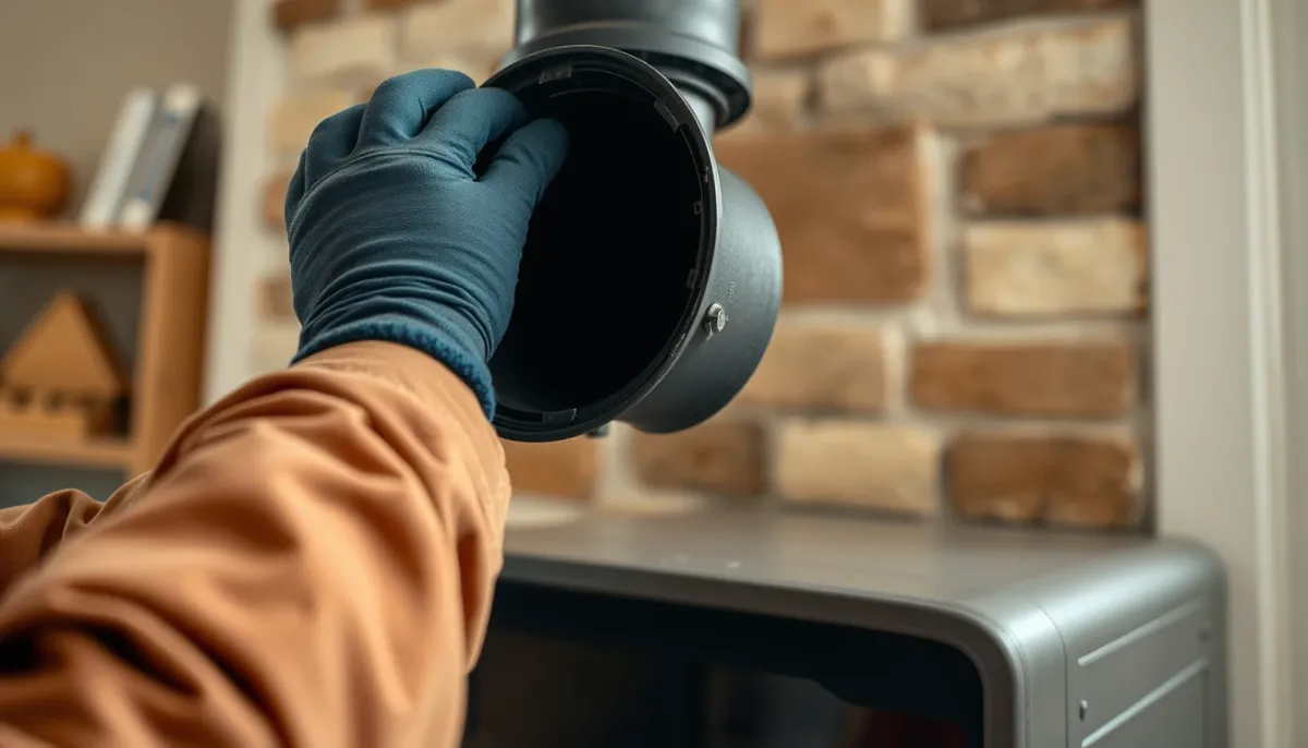 Technicien vérifiant l'étanchéité et la distance de sécurité d'un tubage de poêle à granulés