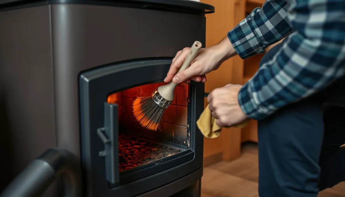 Nettoyage quotidien du creuset d'un poêle à granulés avec une brosse