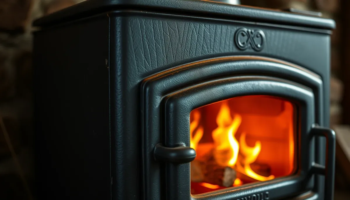 Poêle à bois en fonte avec une flambée visible, vue de trois quarts