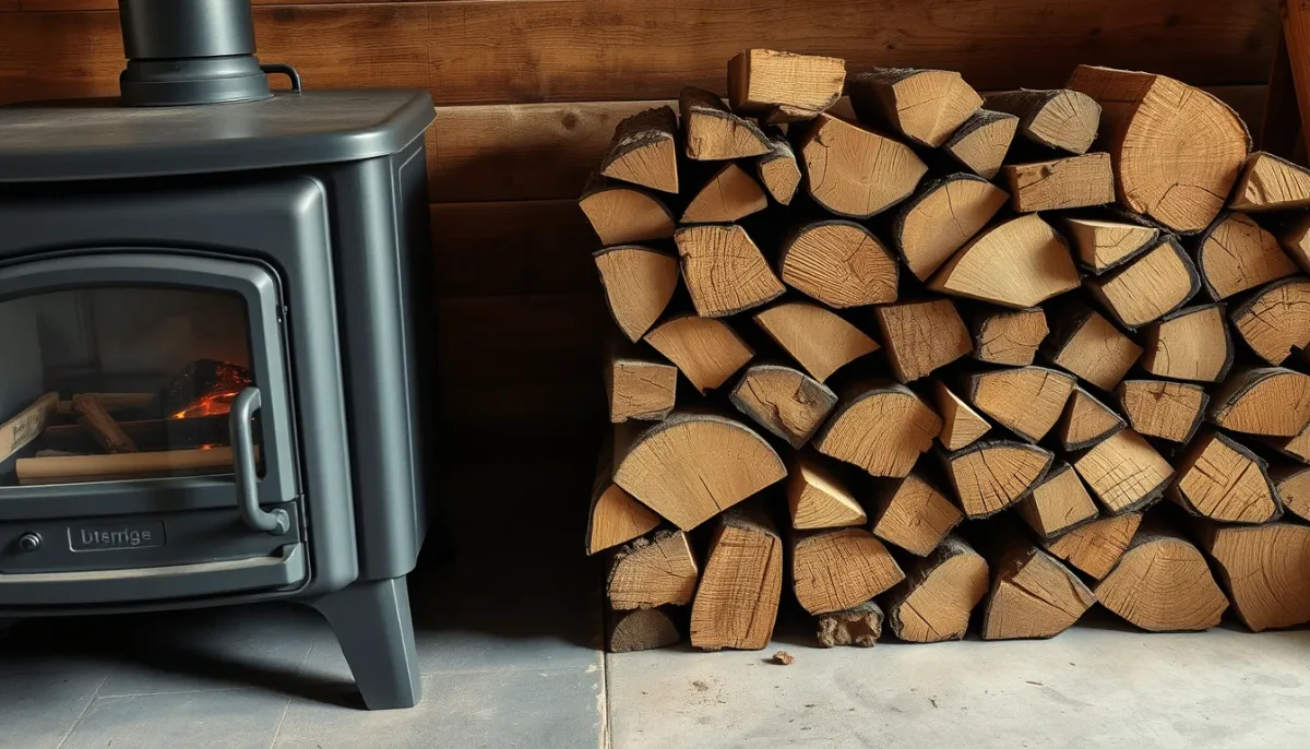 Bûches de bois empilées à côté d'un poêle, vue de dessus