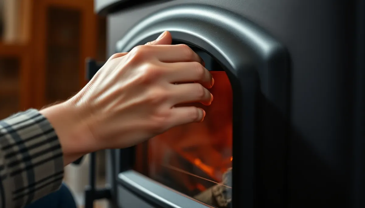 Mains réglant la ventilation d'un poêle à bois, gros plan