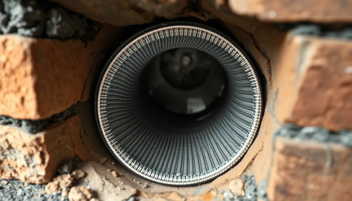 Tubage flexible en inox installé à l'intérieur d'un conduit de cheminée en maçonnerie