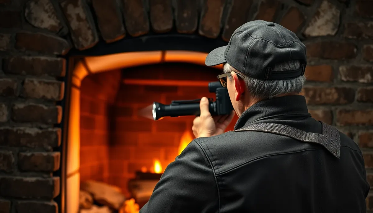 Ramoneur professionnel inspectant un conduit de cheminée avec une caméra et une lampe torche