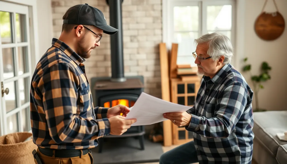 Installateur qualifié et propriétaire discutant d'un plan d'installation de poêle à bois