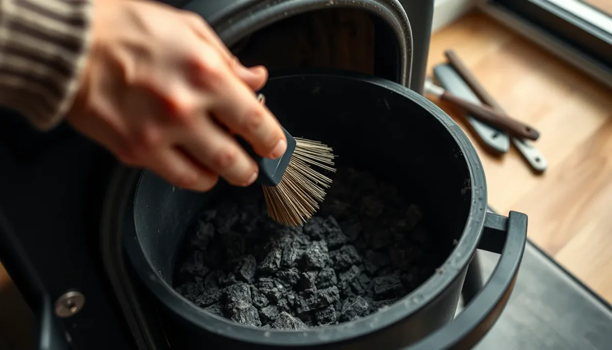 Nettoyage du creuset d'un poêle à granulés avec une brosse