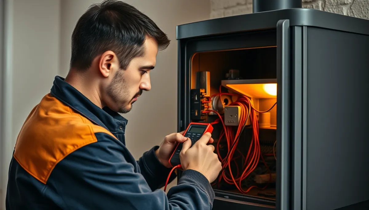 Technicien qualifié vérifiant la carte électronique d'un poêle à granulés