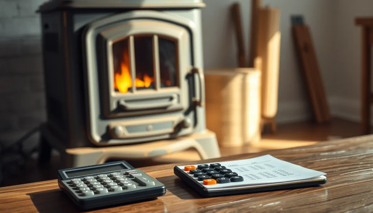 Vieil poêle à granulés avec calculatrice et carnet pour évaluer le coût de réparation
