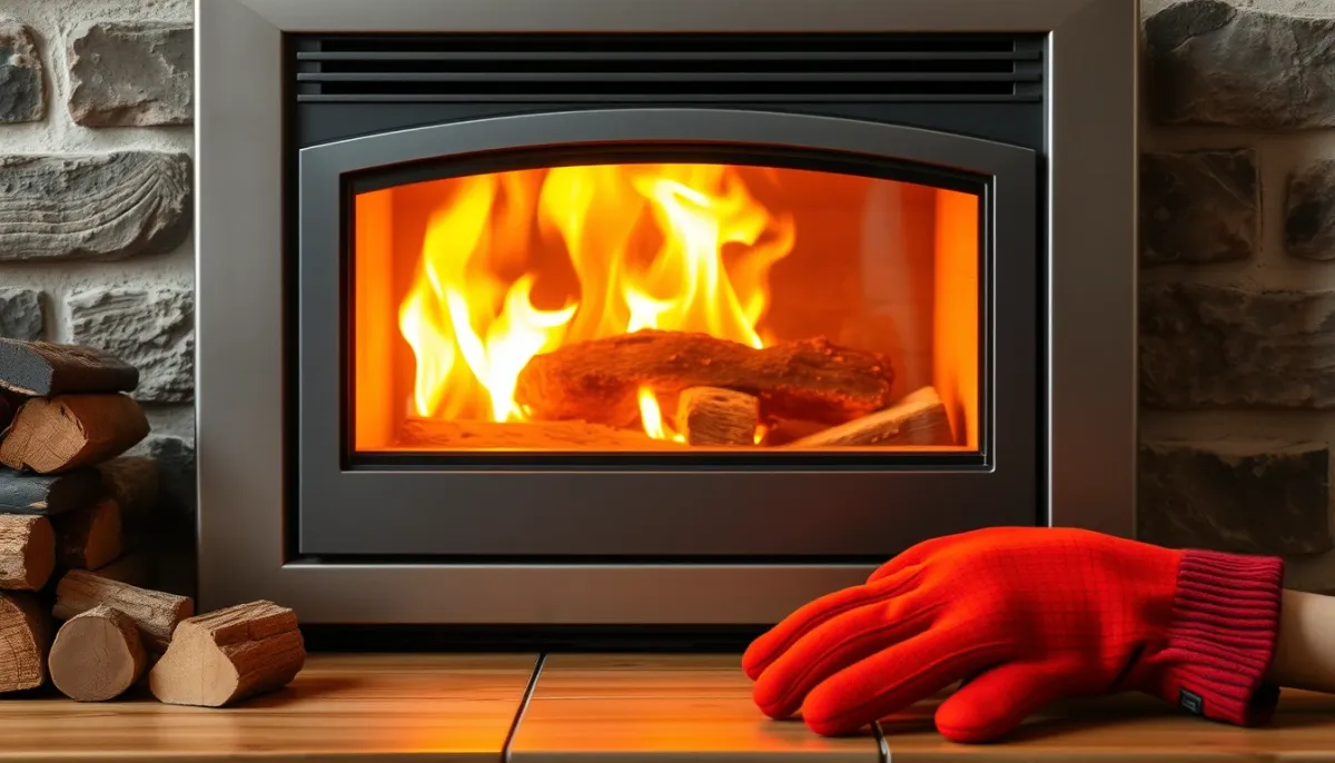Insert à bois en fonctionnement avec flamme vive derrière la vitre propre