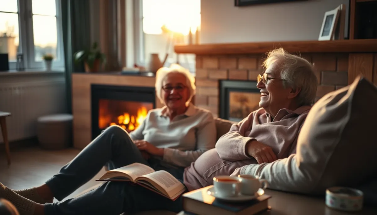 Couple se détendant devant un insert dans une cheminée ancienne
