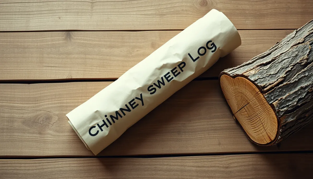 Bûche de ramonage à côté d'une bûche de bois classique sur une table en bois