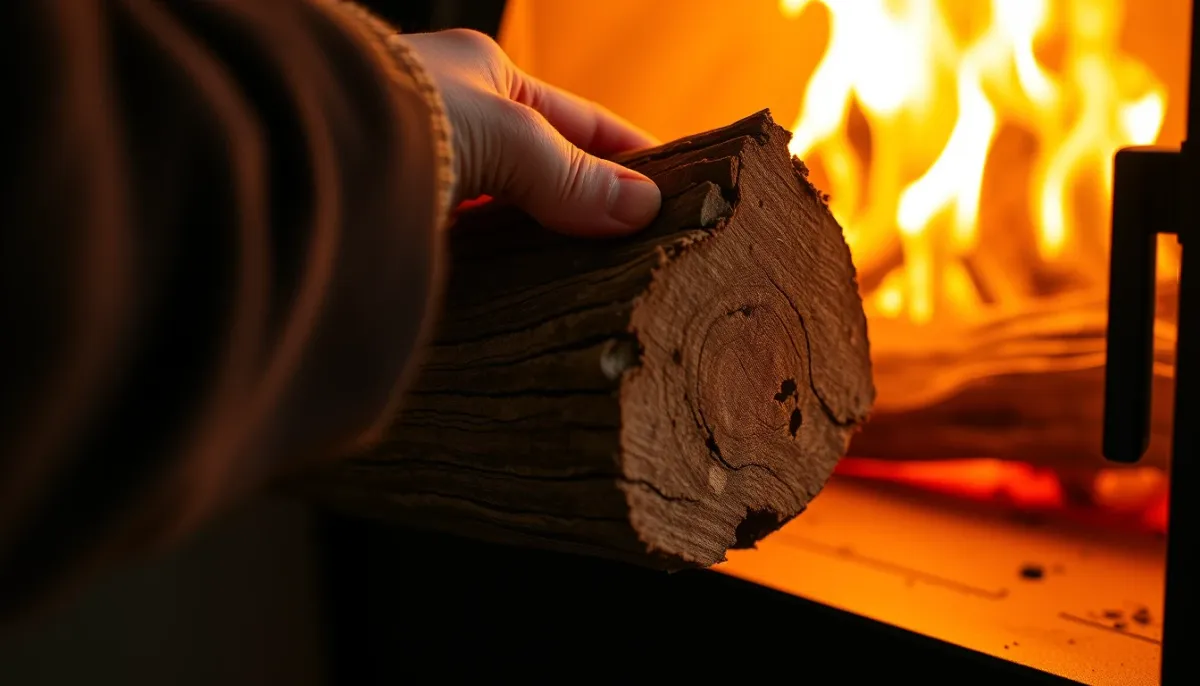 Mains plaçant une bûche de ramonage dans un poêle à bois