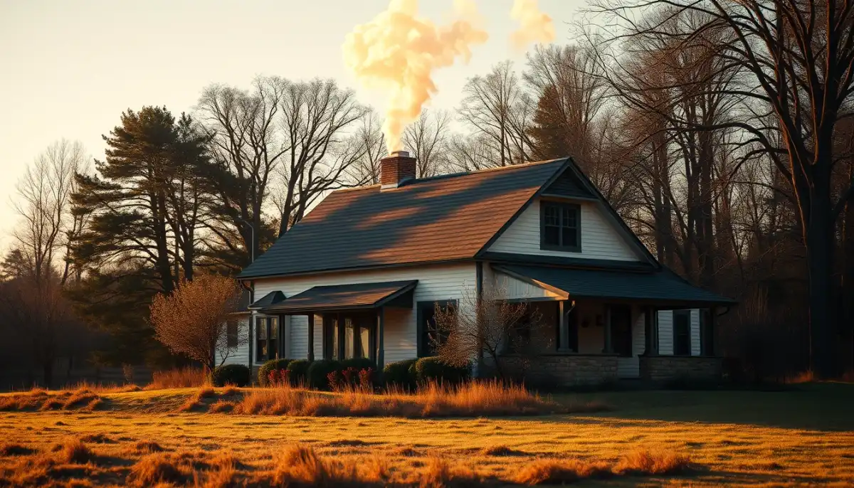 Maison avec cheminée fumante dans un cadre rural au coucher du soleil