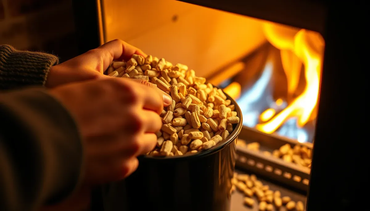 Personne rechargeant un poêle à granulés avec des pellets de bois