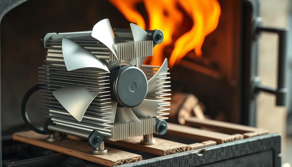 Gros plan sur un ventilateur de poêle à bois montrant le module Peltier et les ailettes en aluminium