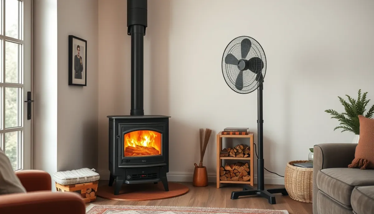 Salon avec un poêle à bois et un ventilateur diffusant la chaleur uniformément dans la pièce