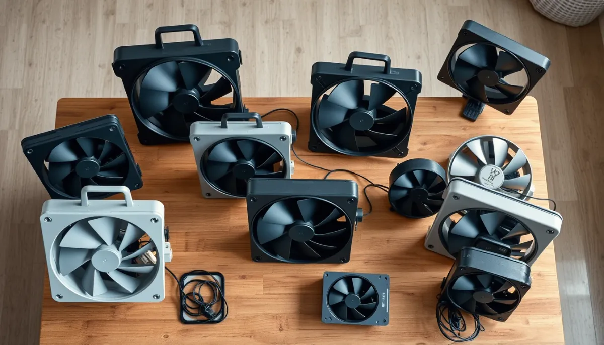 Plusieurs modèles de ventilateurs de poêle à bois exposés sur une table en bois