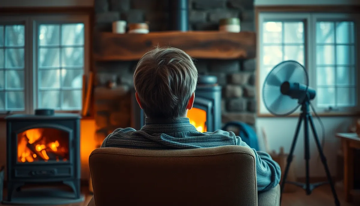 Personne se relaxant dans un fauteuil près d'un poêle à bois équipé d'un ventilateur