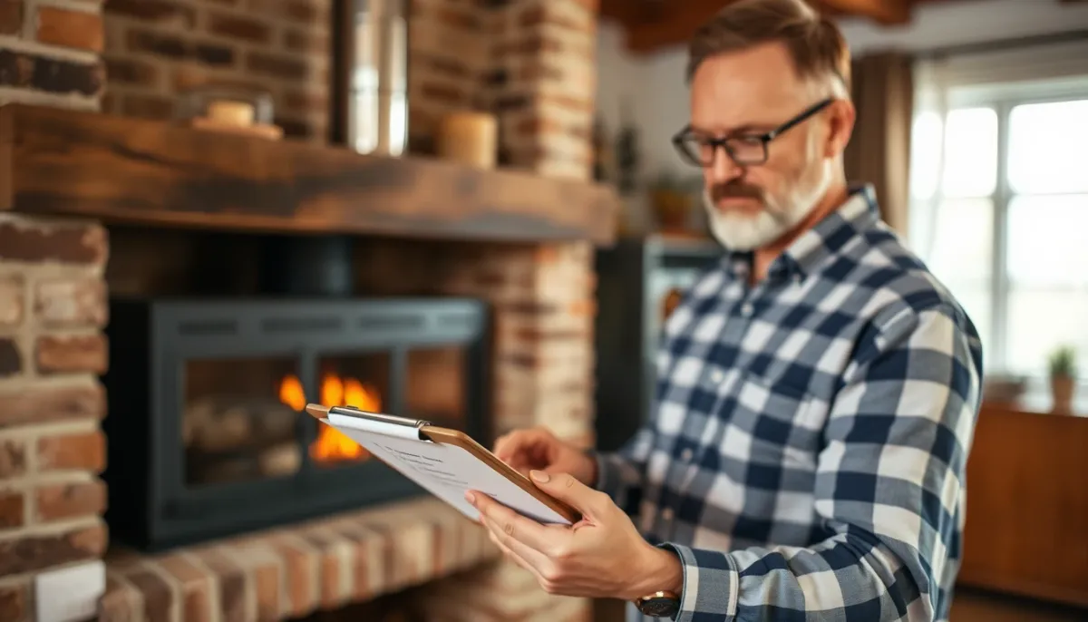 Propriétaire vérifiant l'entretien de sa cheminée avec une checklist annuelle