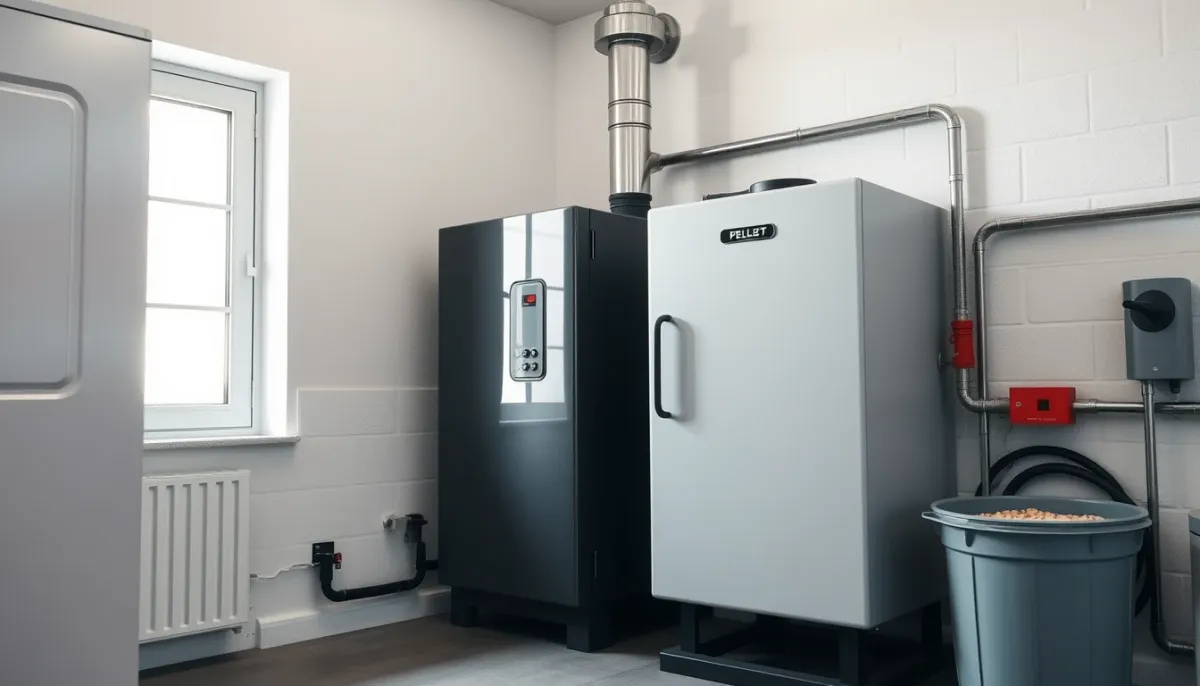 Chaudière à granulés moderne installée dans une chaufferie propre, avec silo à pellets visible
