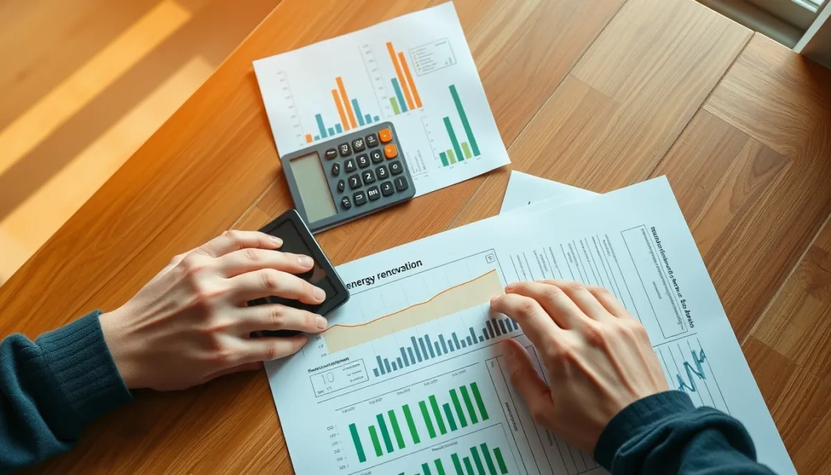 Personne calculant le montant des aides pour une chaudière à granulés à l'aide de documents et d'une calculatrice