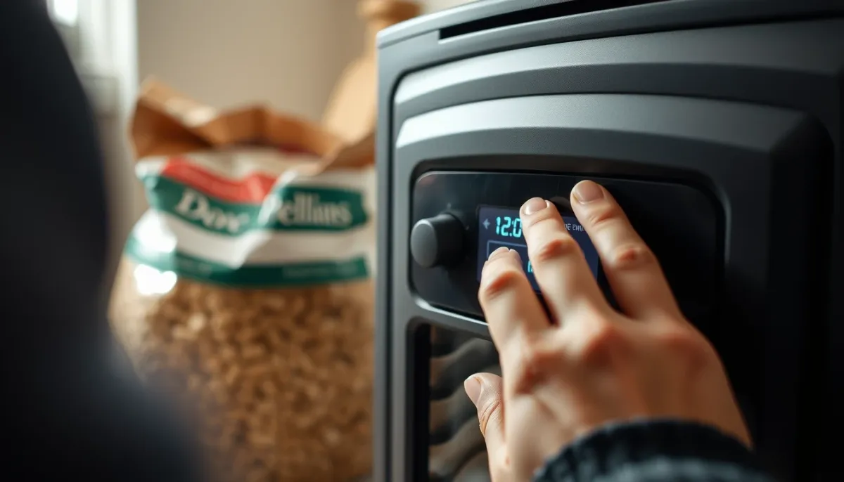 Gros plan sur les mains réglant le panneau de contrôle d'un poêle à granulés, illustrant la consommation électrique