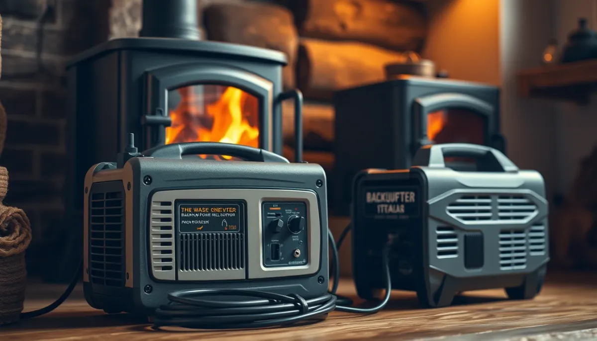 Solution de secours électrique pour poêle à granulés, comme un onduleur, illustrant la réduction de la dépendance