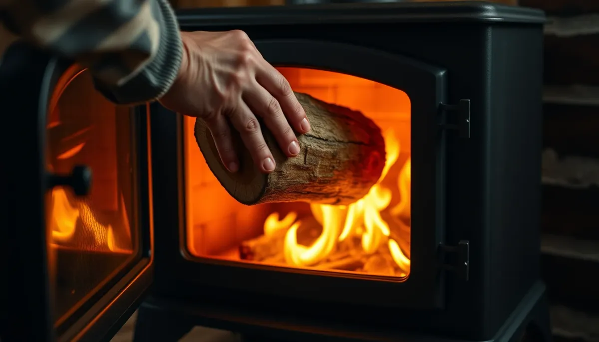 Personne rechargeant un poêle à bois Jøtul avec une bûche