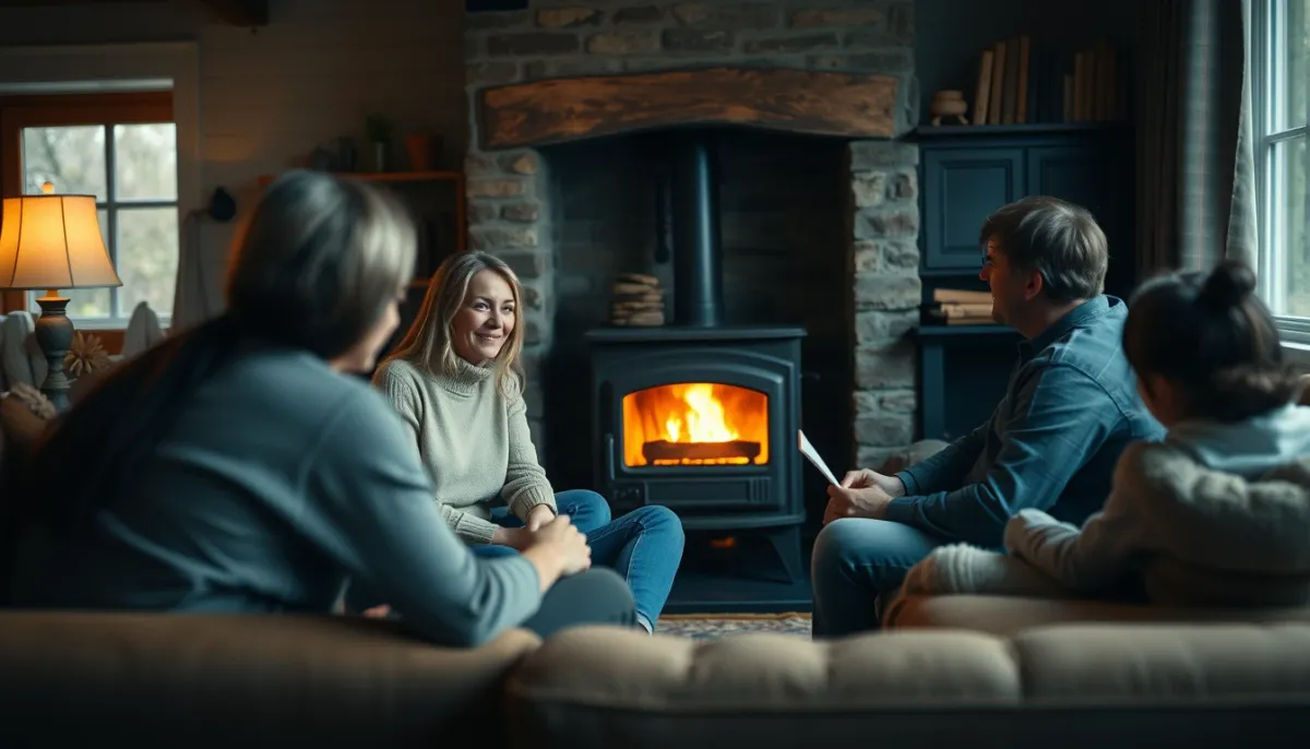 Famille se détendant dans un salon chauffé par un poêle à bois Jøtul