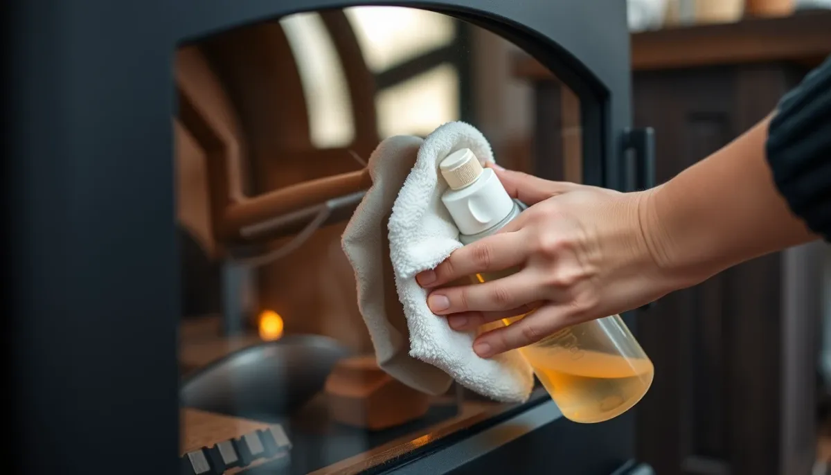 Nettoyage de la vitre d'un poêle à bois avec un chiffon et un produit adapté