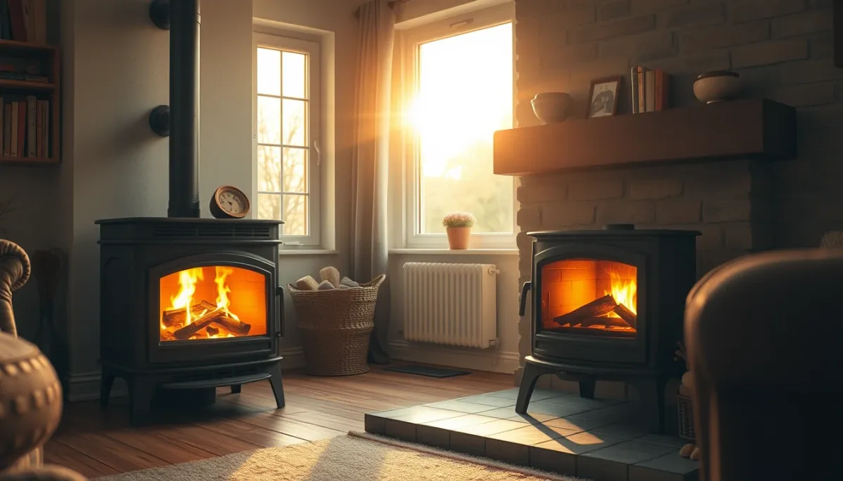 Poêle à bois en fonctionnement dans un salon chaleureux, avec une belle flamme