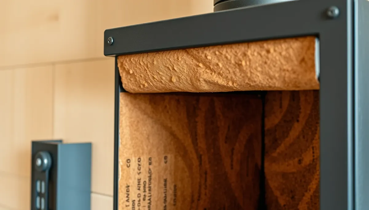 Écran thermique mural installé derrière un poêle à bois, avec lame d'air ventilée visible